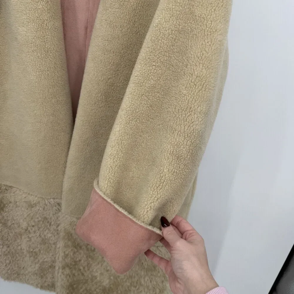 Zara Tan Faux Suede Teddy Sherpa Jacket Coat Oversized Size Large Pink - Picture 8 of 11